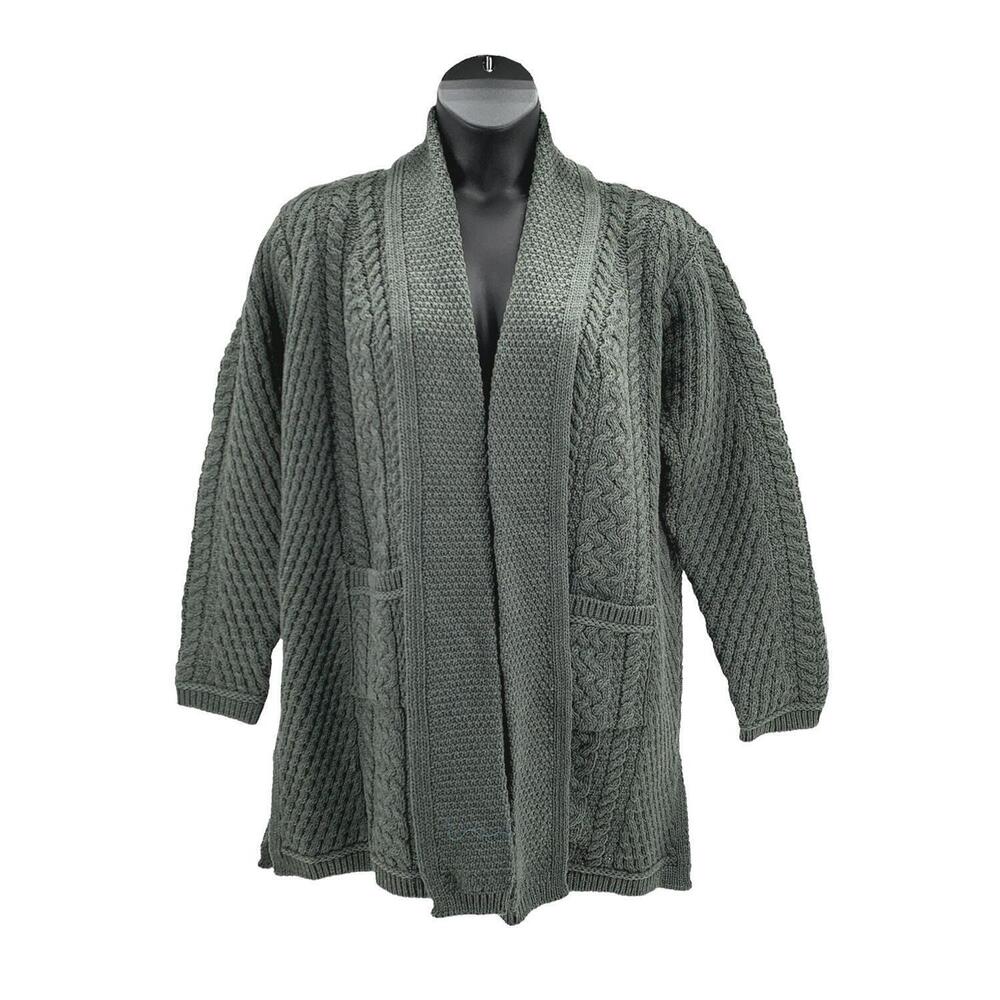 Aran Craft Merino Wool Open Front Long Sweater Cardigan Moss Green - Regular
